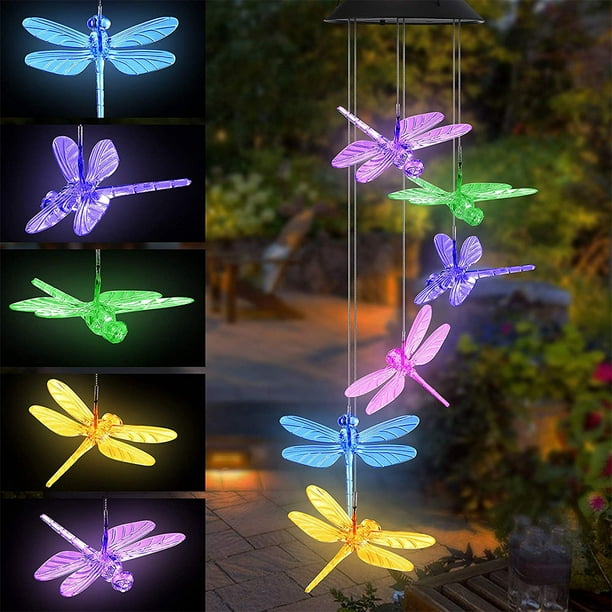 Solar LED Wind Chime Light Green Dragonfly Hanging Lamp Porch Garden Decoration